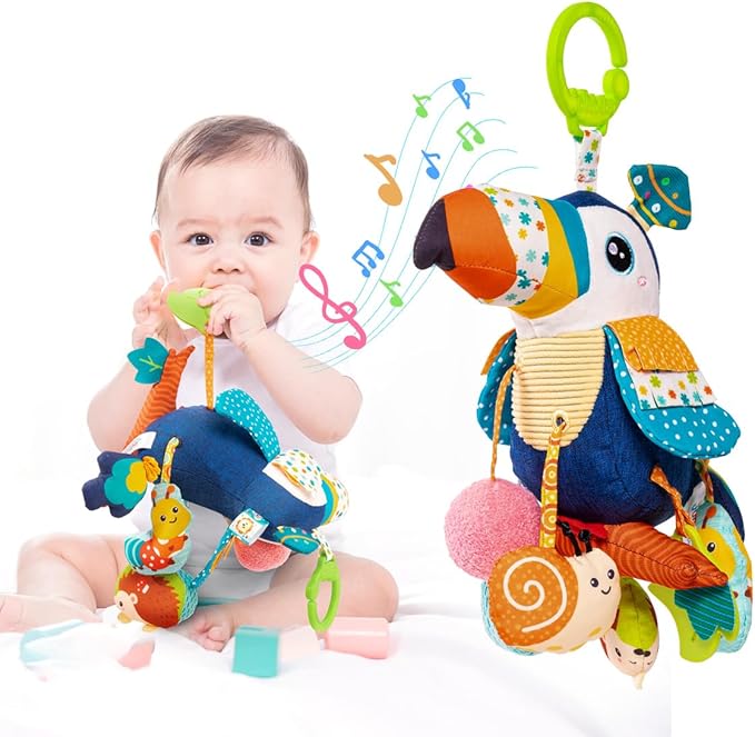 Jollybaby Musical Activity Pull String Hanging Toy for Baby Stroller Car Seat Crib Play Gym, Plush Stuffed Toucan Toy for Carseat with Music Teether Rattles, Sensory Toy for Baby Gift-BubblyBeeBaby