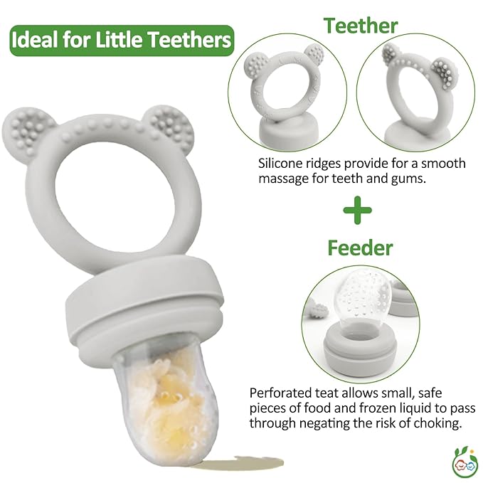 JEXFUN Baby Fruit Food Feeder & Mini Freezer Nibble Tray Combo, Breastmilk Popsicle Molds for Baby Cooling Relief, BPA Free Silicone Feeder for Safe Infant Self Feeding, 4 Month+ (Light Grey)-BubblyBeeBaby