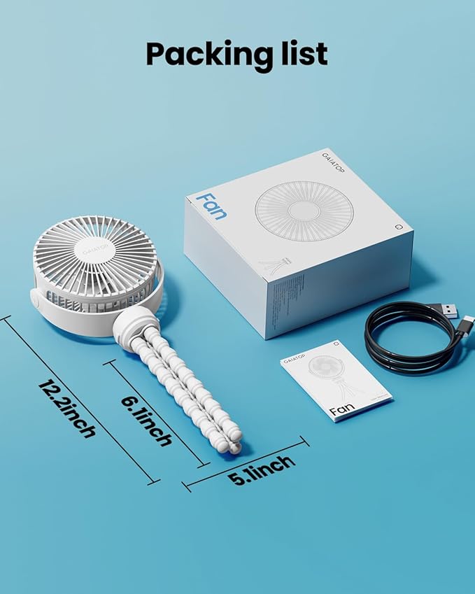 Gaiatop Mini Portable Stroller Fan, Battery Operated Small Clip on, Detachable 3 Speed Rechargeable, 360° Rotate Flexible Tripod Better Cooling for Car Seat Crib Treadmill Travel White-BubblyBeeBaby