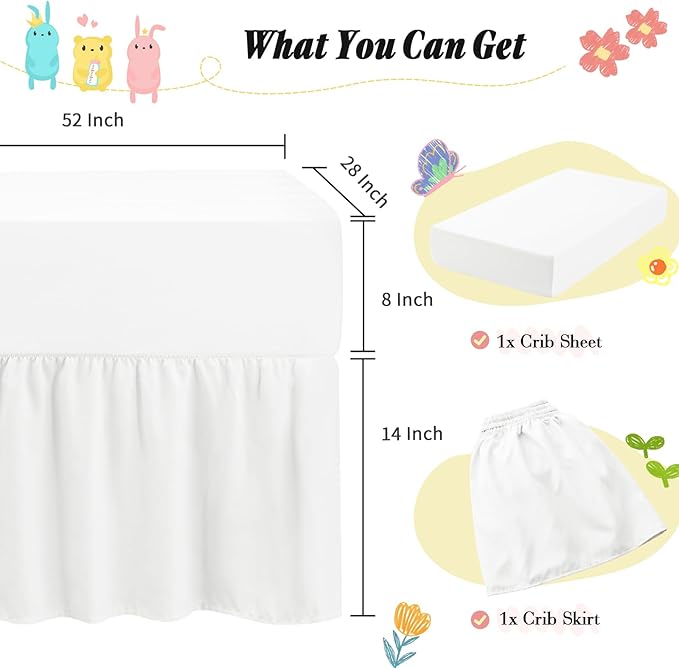 Horbaunal 2 Pack Crib Skirt & Crib Bed Sheet Set, White Crib Bed Skirt 28" x 52" with 14" Drop Dust Ruffle, Soft Microfiber Toddler Bedskirt Nursery Bedding Skirt for Baby Girls and Boys-BubblyBeeBaby