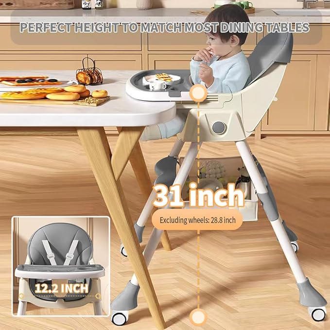 High Chairs for Babies and Toddlers, 4 in 1 Convertible Baby High Chair, Portable High Chair for Travel with Adjustable Height and Back, Foldable HighChair with Wheels& Pu Cushion (Grey)-BubblyBeeBaby