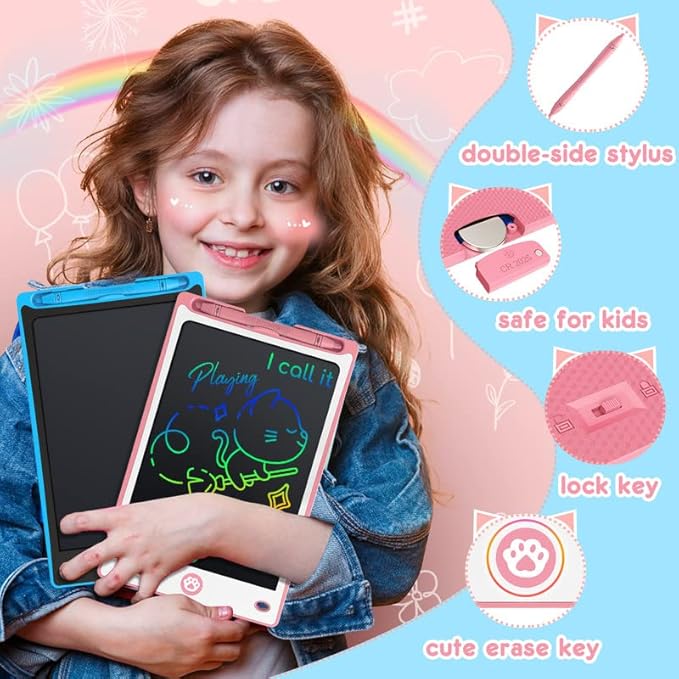 Hockvill LCD Writing Tablet for Kids 8.8 Inch, Toys for Girls Boys Drawing Pad for 3 4 5 6 7 Year Old Kid, Toddler Magnetic Doodle Board Travel Essential Christmas Birthday for Children BluePink-BubblyBeeBaby