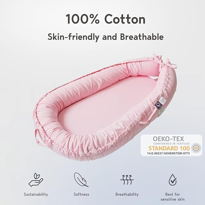 Infant Lounger, Baby Nest Cover for Baby Girls & Boys, Newborn Essentials for Baby 0-18 Months, 100% Cotton Breathable(Misty Rose)-BubblyBeeBaby