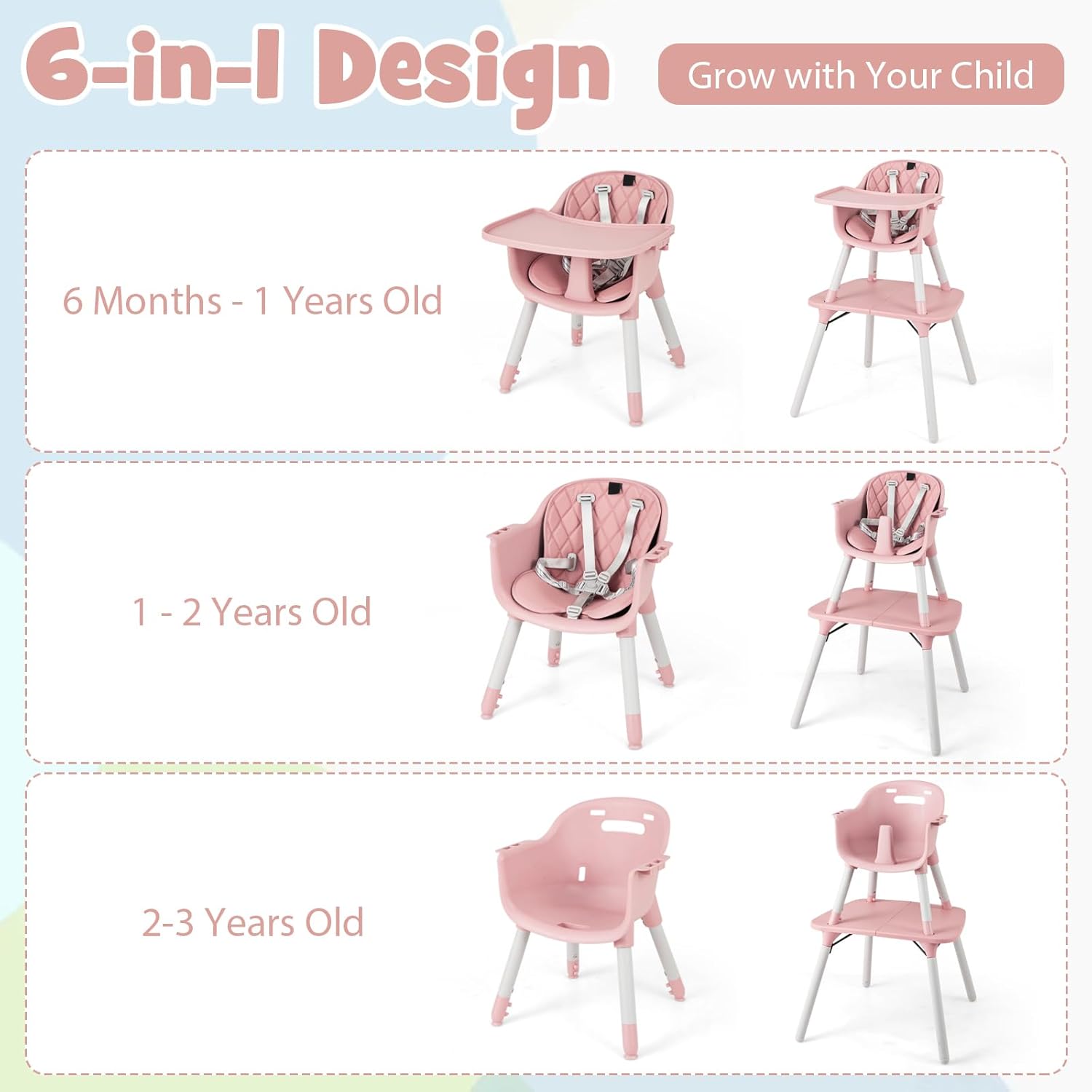HONEY JOY 5-in-1 High Chair, Convertible Highchair for Babies and Toddlers/Kids Chair Table Set/Infant Feeding Chair w/Safety Harness, PU Leather Cushion & Removable Food Tray (Pink)