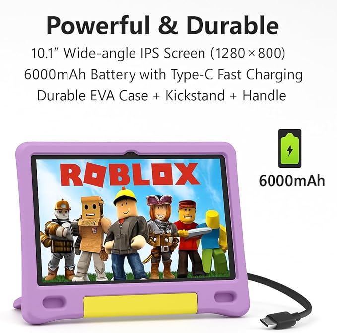 10.1 Inch Kids Tablet with Shockproof Case | Android 14, 64GB+8GB RAM, 12H Battery | Parental Control, Google Kids Space & Preloaded Educational Apps | WiFi 6, HD Display, Ages 3-12-BubblyBeeBaby