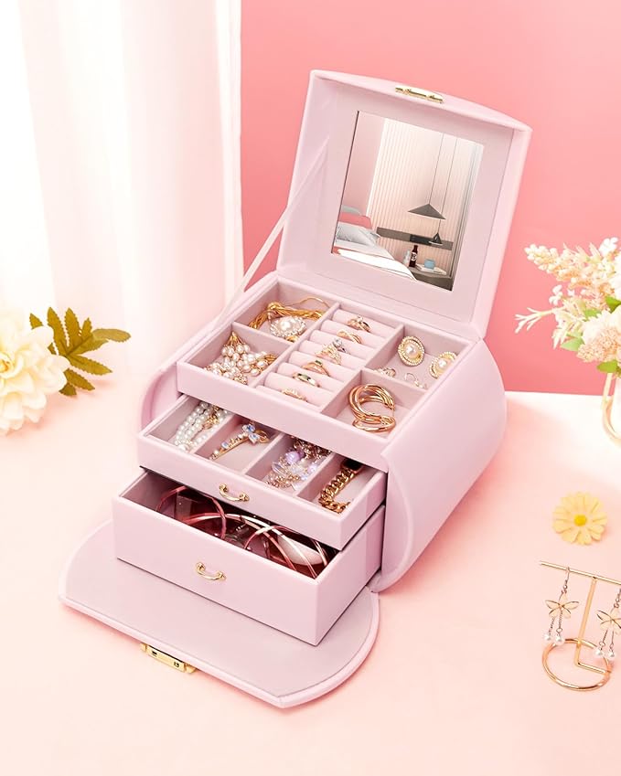 Homde Girls Jewelry Box Jewelry Storage Case Organizer with Mirror for Rings, Earrings, Bracelets, Necklaces (Light Pink + Gold)-BubblyBeeBaby
