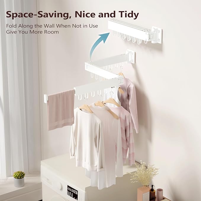 JAUREE Clothes Drying Rack Wall Mounted, Laundry Drying Rack Collapsible, Space Saving Wall Drying Rack Clothing Foldable, Tri-Fold Retractable Rack Outdoor Indoor with 18 Hooks, White-BubblyBeeBaby