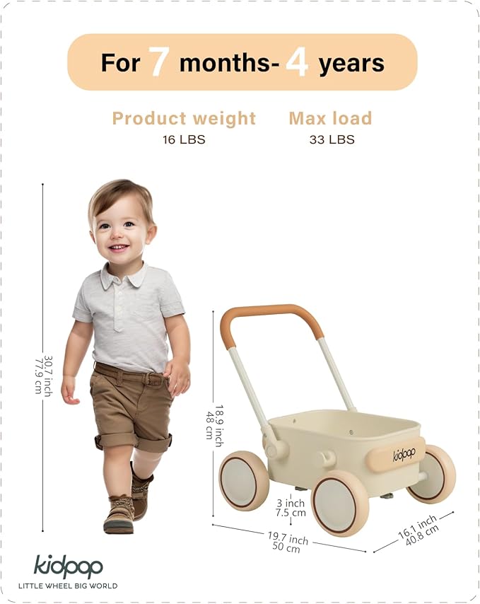 Kidpop PULA 2-in-1 Push and Pull-Along Wagon, Baby Push Walker for First Learner from 7 Month to 4 Year, One Year Birthday Gifts, Sturdy and Safe, Indoors and Outdoors (White)-BubblyBeeBaby