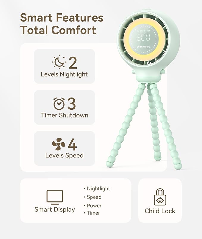 Dreamegg Portable Stroller Fan - 4000mAh Rechargeable Baby Stroller Fan With LED Display, Night Light, Hidden Blade, Detachable 4 Speed 360°Rotate, Handheld Cooling for Crib,Travel, Car Seat(Green)-BubblyBeeBaby