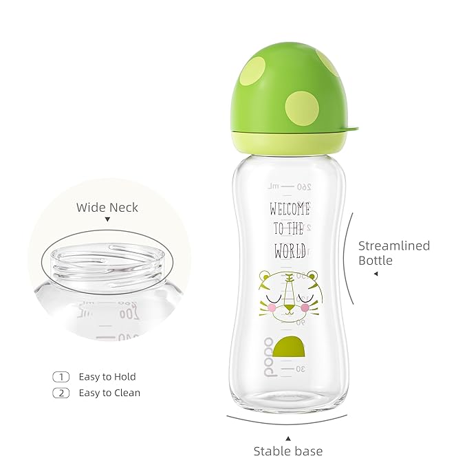 YOHKOH Natural Glass Baby Bottle with Natural Response Nipple, Newborn Anti-Colic Baby Bottles, Wide Neck Mushroom Cap Baby Bottle, Clear (8.8ounce (Pack of 4), Green1)-BubblyBeeBaby