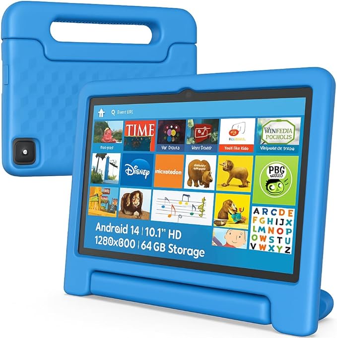 10.1" Kids Tablet Android 14 | 64GB Octa-Core 8GB RAM | Shockproof Case & Parental Control | 12H Fast Charge | HD Display w/Google Kids Space & Educational Apps | WiFi 6/Bluetooth/GPS | Ages 3-12-BubblyBeeBaby