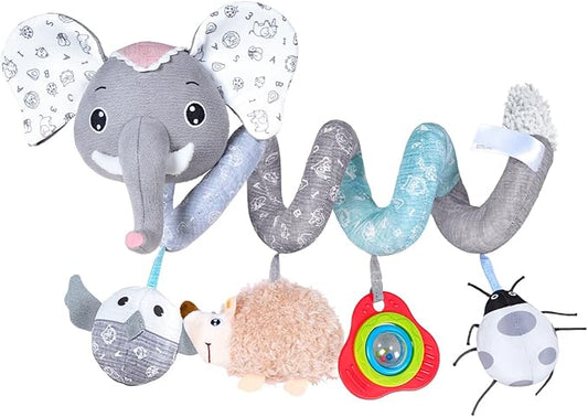 Jollybaby Baby Car Seat Stroller Toys, Plush Activity Hanging Spiral Activity Pram Crib with Music Box, Rattles, Squeaker for Babies Infant Boys Girls (SZ Gray Elephant)-BubblyBeeBaby