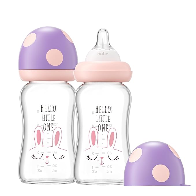 YOHKOH Natural Glass Baby Bottle with Natural Response Nipple, Newborn Anti-Colic Baby Bottles, Wide Neck Mushroom Cap Baby Bottle, Clear ((5.4oz (Pack of 2), Purple)-BubblyBeeBaby