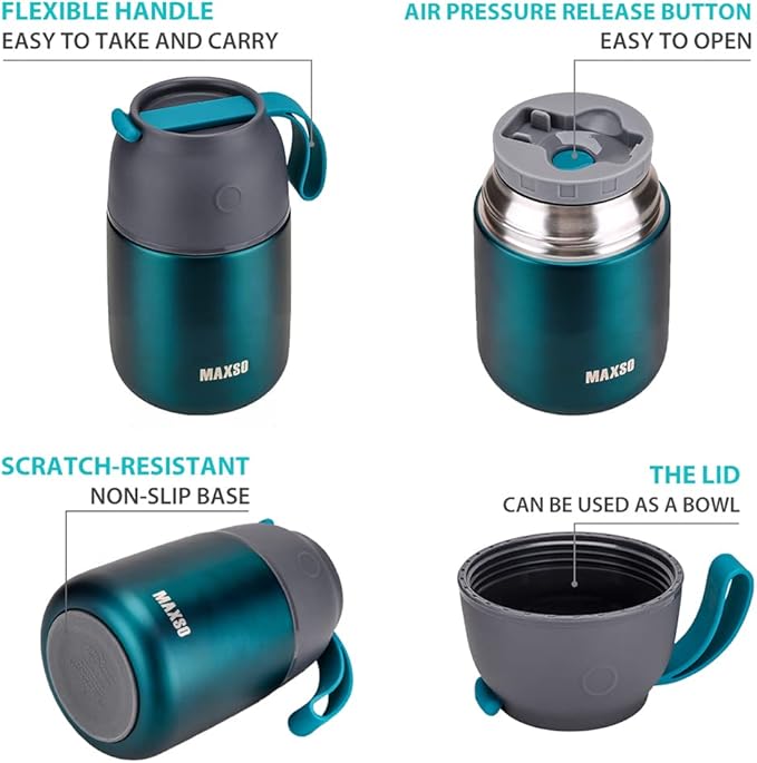 Insulated Thermo Food Jar for Hot & Cold Food for Kids Adult, 17 oz Soup Thermal Hot Food Containers for Lunch, Triple Layer Insulation Stainless Steel Food Jar with Spoon (Green)-BubblyBeeBaby