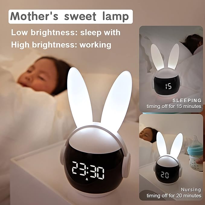 Kids Alarm Clock for Kids, Bunny Alarm Clocks for Girls Boys, White Kid Alarm Clock with Ringtones & Night Light Rechargeable Snoozing-BubblyBeeBaby