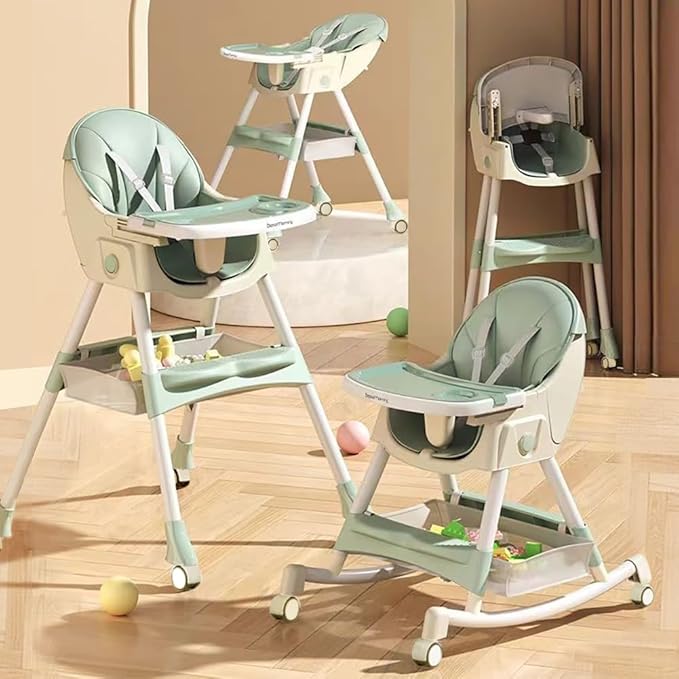 High Chairs for Babies and Toddlers, 4 in 1 Convertible Baby High Chair, Portable High Chair for Travel with Adjustable Height and Back, Foldable HighChair with Wheels& Pu Cushion (Green)-BubblyBeeBaby