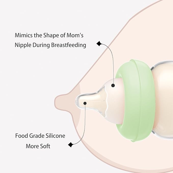 YOHKOH Natural Glass Baby Bottle with Natural Response Nipple, Newborn Anti-Colic Baby Bottles, Wide Neck Mushroom Cap Baby Bottle, Clear (Green, 3.4oz (Pack of 2))-BubblyBeeBaby
