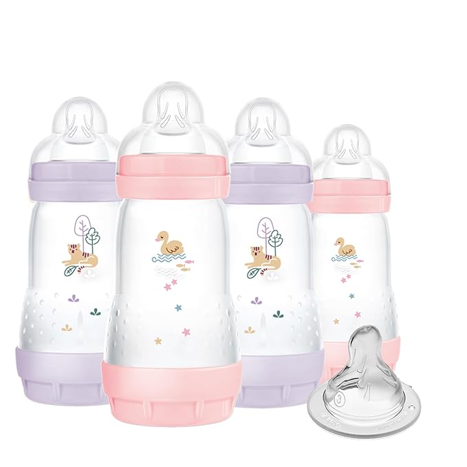 MAM 9oz Easy Start Anti-Colic Baby Bottles, Medium Flow with Bonus Fast Flow Nipple, Breastfeeding-Like Silicone, Reduces Colic and Gas, Easy-to-Clean, BPA-Free, 2 Plus Months-BubblyBeeBaby