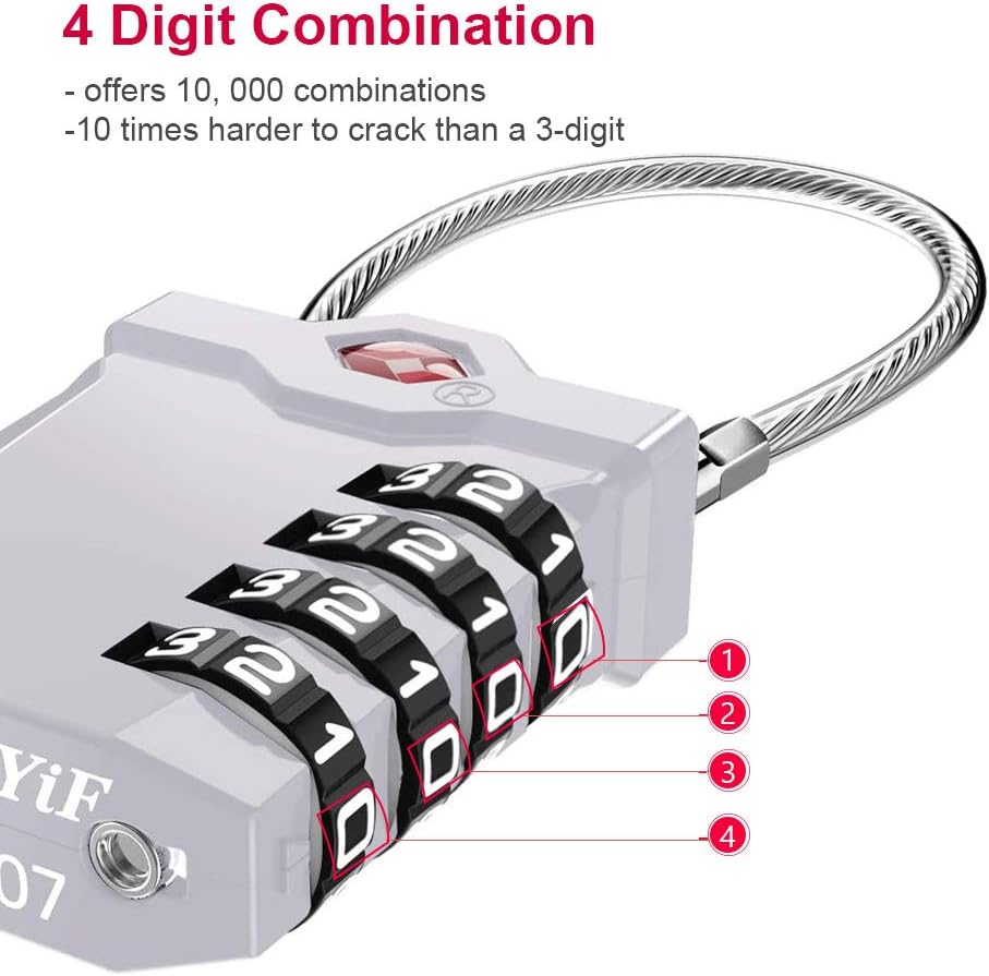 ZHEGE TSA Approved Lock, 4 Digit Cable Luggage Lock, Travel Lock with White Number, Flexible TSA Cable Lock for Suitcase, Gym Locker, School Locker, Easy to Read (1 Pack, Sliver)