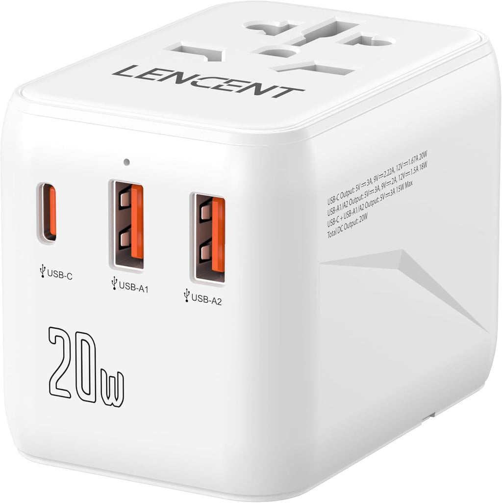 LENCENT Universal Travel Adapter, PD20W International Charger with 2 USB Ports & Type-C Fast Charging Adaptor, Worldwide Wall Charger for iPhone,Laptop, USA/UK/EU/AUS (White-20W)