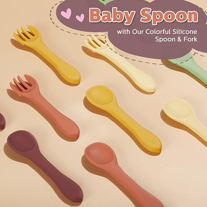 10 Pieces Baby Led Weaning Spoons and Forks Set Infant Silicone Spoon First Self Feed Baby training Utensils for Toddler First Stage Feeding Supplies for Kids Over 6 Months, 5 Pairs (Classic Colors)-BubblyBeeBaby