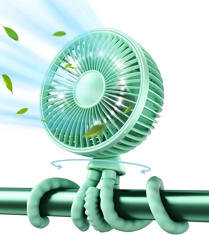 Gaiatop Oscillating Baby Stroller Fan with LED Night Light, 4 Speeds Cooling Rechargeable 360° Rotate Clip On, Battery Operated Small Portable Fans for Car Seat Crib Treadmill Travel-BubblyBeeBaby