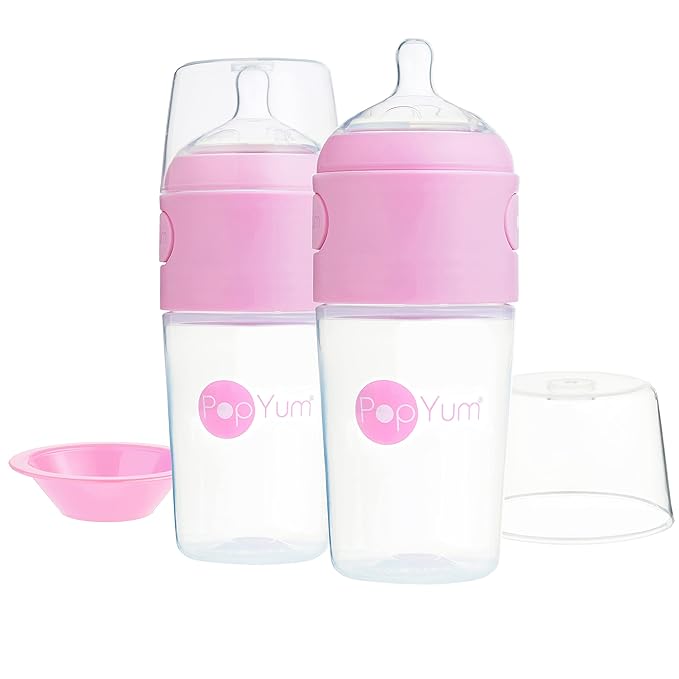 PopYum 9 oz Pink Anti-Colic Formula Making/Mixing/Dispenser Baby Bottles, 2-Pack with #2 Medium Flow Nipples, 260 ml, BPA-Free, Natural Latch-BubblyBeeBaby