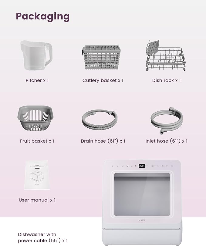HAVA Countertop Dishwasher with Water Softener and Enhanced Energy Efficiency, Portable Dishwasher with 8 Wash Programs, Child Lock & Delayed Start Function, No Installation Needed - Misty Lilac-BubblyBeeBaby