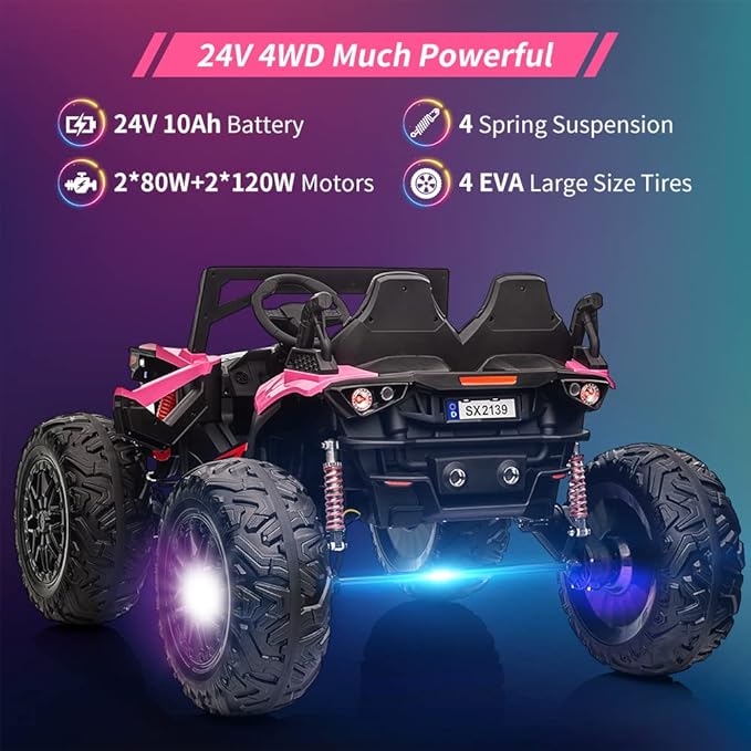2 Seaters 24V Ride on UTV with Remote Control,10AH Battery, 400W Powerful Motors with 17" EVA Wheels, 20.5“ Seat Width Electric Ride Toy with Metal Suspension,LED Lights,Music,Horn (Rose)-BubblyBeeBaby