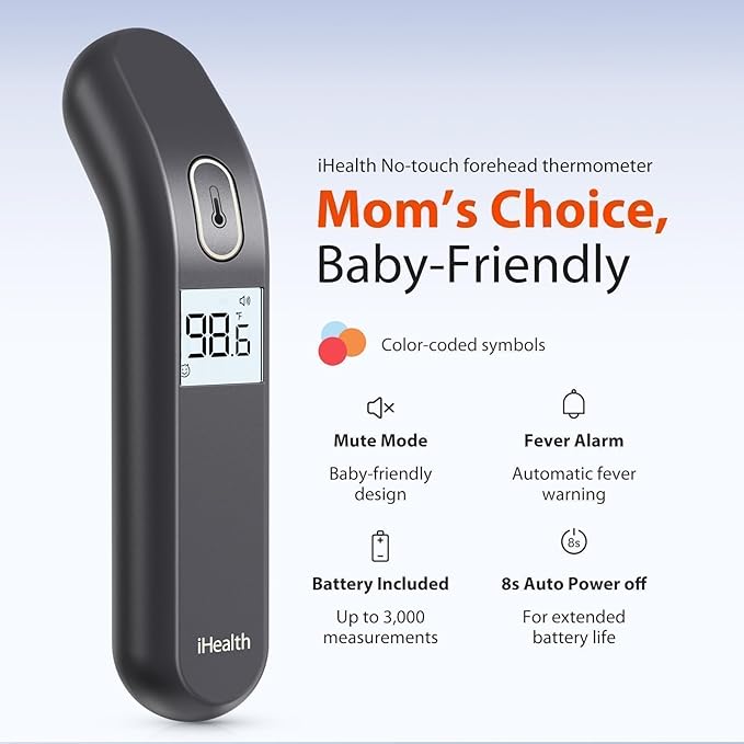 iHealth Touchless Thermometer for Adults and Kids, FSA/HSA Eligible, Color-Coded Alert & Silent Mode, 1-Second Accurate Fever Check, Portable for Home, Travel Use - PT2L Black-BubblyBeeBaby