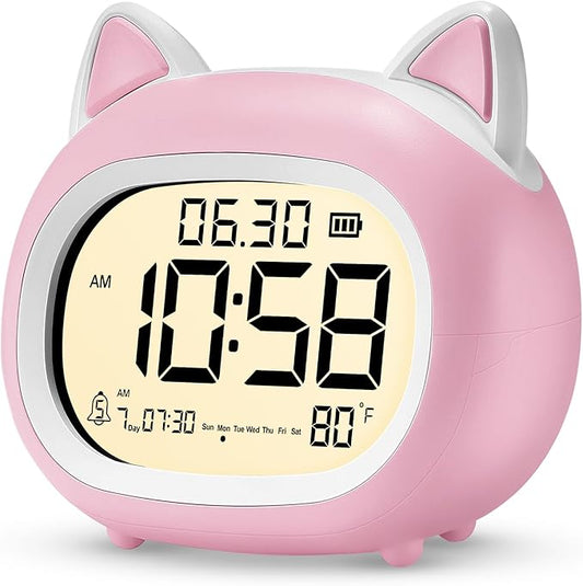 Kids Alarm Clock with Night Light for Kids, Small Digital Alarm Clocks for Bedrooms, Routine Builder, Cute Cat Alarm Clock with Sleep Training, Snooze, 12/24H, Date & Day, Temperature, USB Port-BubblyBeeBaby