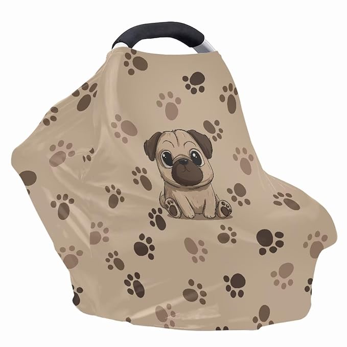 Binienty Brown Dog Paw Prints Infant Carseat Canopy for Boys Girls - Pug Animal Stretchy Breathable Soft Infants Stroller Cover Cozy Car Seat Covers-BubblyBeeBaby