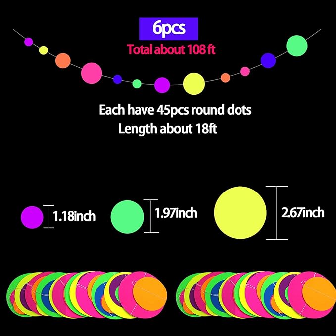 108ft UV Round Dot Neon Paper Streamers - Glow in The Dark Party Favors & Decorations for Wedding & Birthday Parties-BubblyBeeBaby