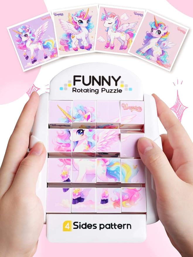 16-Piece Rotating Puzzles for Kids 4-6, Toddlers Puzzles 2-4, Road Trip, Airplane Activities Game, Travel Toys - Brain Teaser, Fine Motor Skills - Birthday Gifts Boys & Girls - Pink Alicorn-BubblyBeeBaby