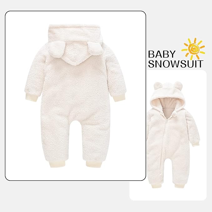 Baby Fleece Jumpsuits Infant Bear Ear Snowsuit Newborn Hooded Romper Warm Coat-BubblyBeeBaby