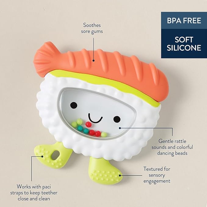 Itzy Ritzy Silicone Rattle Teether– BPA-Free Silicone Teether with Rattle for Babies & Toddlers – Features a Gentle Rattle Sound, Colorful Beads & Multiple Textures (Sushi)-BubblyBeeBaby