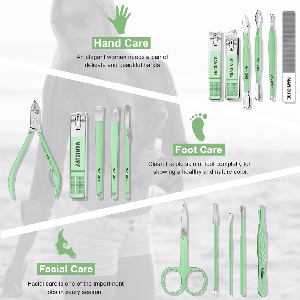 Manicure Set Professional Nail Clippers Pedicure Kit, 16 pcs Stainless Steel Nail Care Tools Grooming Kit with Luxurious Travel Leather Case for Thick Nails Men Women Gift (Green)