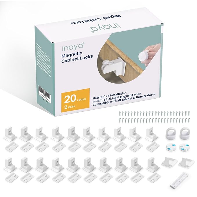 Inaya Magnetic Cabinet Locks Baby Proofing (20 Locks & 2 Keys), Child Safety Magnet Locks for Cabinets & Drawers with Invisible Design, 3M Adhesive for Easy Installation - No Drill & Tool Needed-BubblyBeeBaby