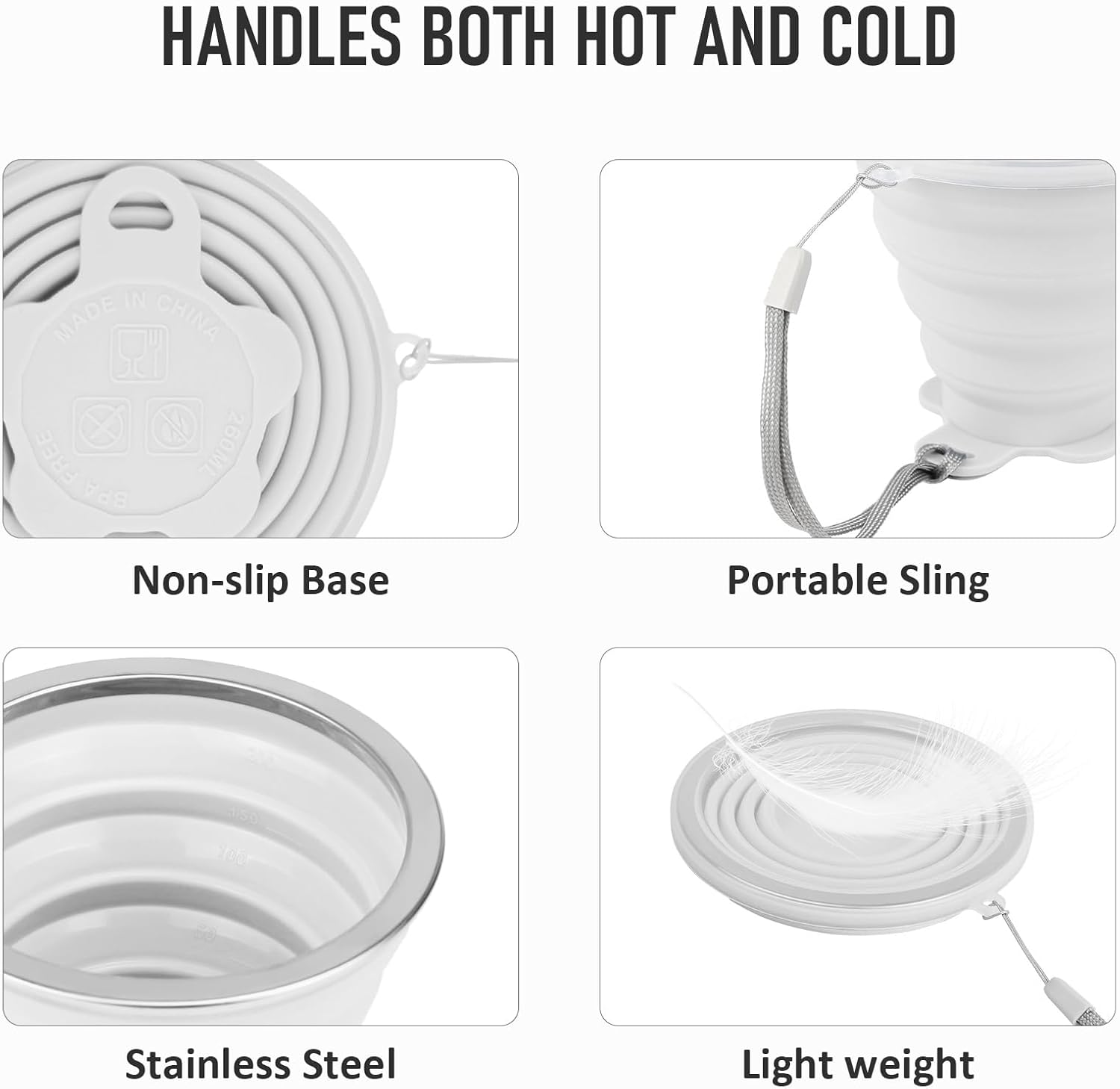 JBER Silicone Collapsible Travel Cup, 4 Pack Silicone Folding Camping Cup with Lids Expandable Drinking Cup for Outdoor Hiking Travel (White Translucent)