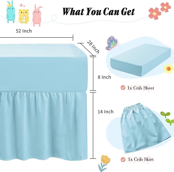 Horbaunal 2 Pack Crib Skirt & Crib Bed Sheet Set, Aqua Blue Crib Bed Skirt 28" x 52" with 14" Drop Dust Ruffle, Soft Microfiber Toddler Bedskirt Nursery Bedding Skirt for Baby Girls and Boys-BubblyBeeBaby