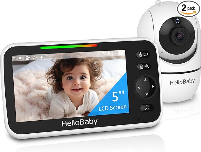 HelloBaby No WiFi Baby Monitor 5" Screen 30-Hour Battery Pan-Tilt-Zoom Video Upgrade with Camera and Audio, Night Vision, VOX, 2-Way Talk, 8 Lullabies and 1000ft Range, HB6550-BubblyBeeBaby