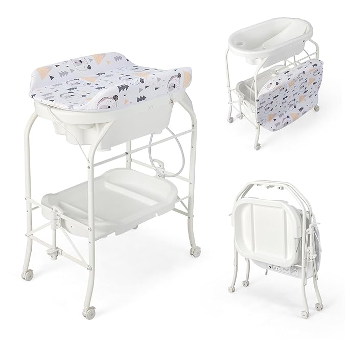 HONEY JOY Baby Changing Table with Bathtub, Foldable Infant Diaper Changing Station with Wheels, Storage Tray, Waterproof Pad, Portable Newborn Nursery Organizer Bath Stand for Boys Girls (White)-BubblyBeeBaby