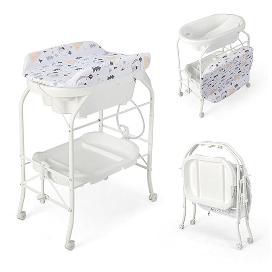 HONEY JOY Baby Changing Table with Bathtub, Foldable Infant Diaper Changing Station with Wheels, Storage Tray, Waterproof Pad, Portable Newborn Nursery Organizer Bath Stand for Boys Girls (White)-BubblyBeeBaby