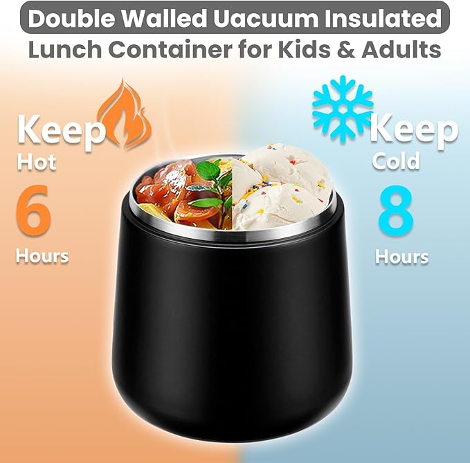 20oz Insulated Vacuum Food Jar with Buckle Lid,Soup Thermo for Hot Food Kids,Wide Mouth Leakproof Stainless Steel Lunch Container with Spoon-Black-BubblyBeeBaby