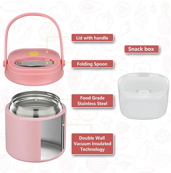2 - in - 1 Soup Thermo for Hot Food 14oz with Snack Box Container Leak Proof Insulated Lunch Container Kids and Adults Stainless Steel Double Wall Vacuum Wide-mouth Thermal with Spoon and Handle-BubblyBeeBaby