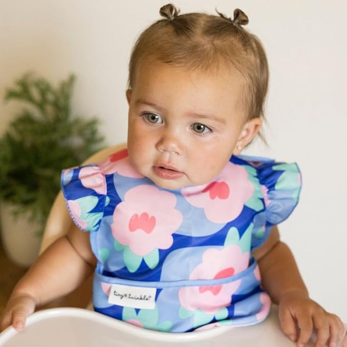 Tiny Twinkle Mess Proof Baby Bib - Waterproof & Lightweight Baby-Led Weaning Apron | 100% Recycled Polyester, Easy Clean & Machine Washable (Floral Blue, Small 6-24 Months)-BubblyBeeBaby