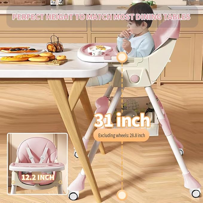 High Chairs for Babies and Toddlers, 4 in 1 Convertible Baby High Chair, Portable High Chair for Travel with Adjustable Height and Back, Foldable HighChair with Wheels& Pu Cushion-BubblyBeeBaby