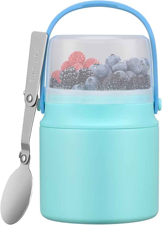 2-in-1 Insulated Food Jar & Snack Container - 15oz Kids Soup Thermos for Hot Food with Handle and Spoon, Leak Proof Reusable Toddler Snack Box, Perfect for School & Travel, Tiffany Blue-BubblyBeeBaby
