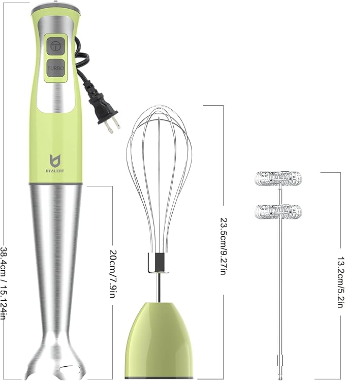 Immersion Hand Blender, UTALENT 3-in-1 8-Speed Stick Blender with Milk Frother, Egg Whisk for Coffee Milk Foam, Puree Baby Food, Smoothies, Sauces and Soups - Green-BubblyBeeBaby