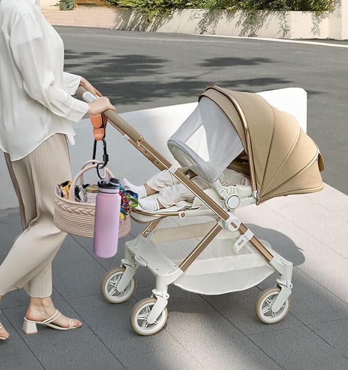 3 Pcs Baby Stroller Hook, Carry 20 lbs per Stroller Carabiner Clip, Adjustable Baby Stroller & Car Seat Hook for Hanging Diaper Bag, Wheelchair, Shopping and Pet Cart(Leather)-BubblyBeeBaby